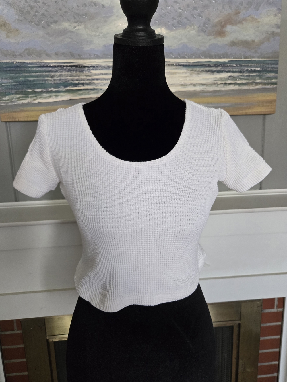 White Waffle Knit Scoop Neck Crop Top - Casual Women’s Tee